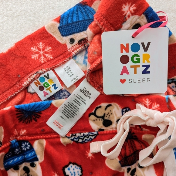 Novogratz Lounge Joggers Frenchie Winter Print Plush Elastic Waist Red M NWT - Picture 14 of 15